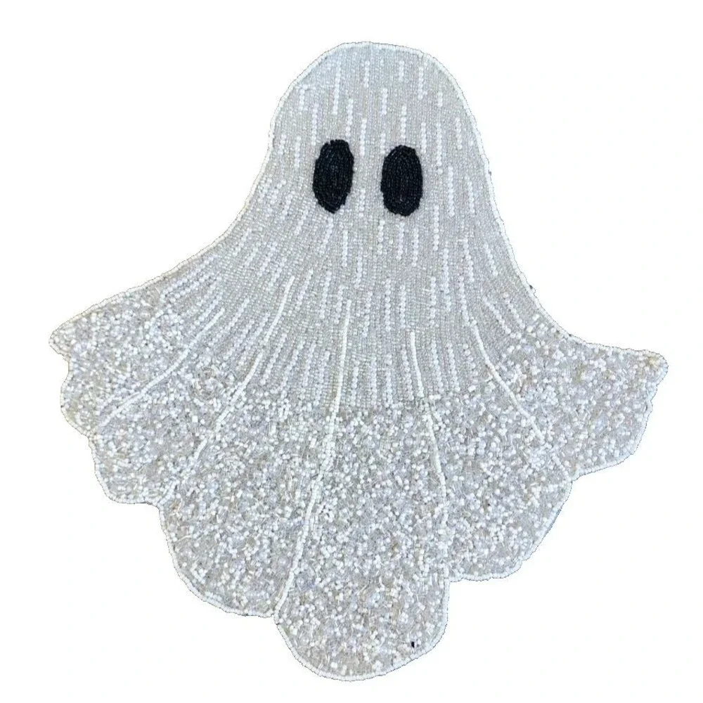 Ghost Beaded Halloween Placemat Charger White Silver Christian Siriano 16x15